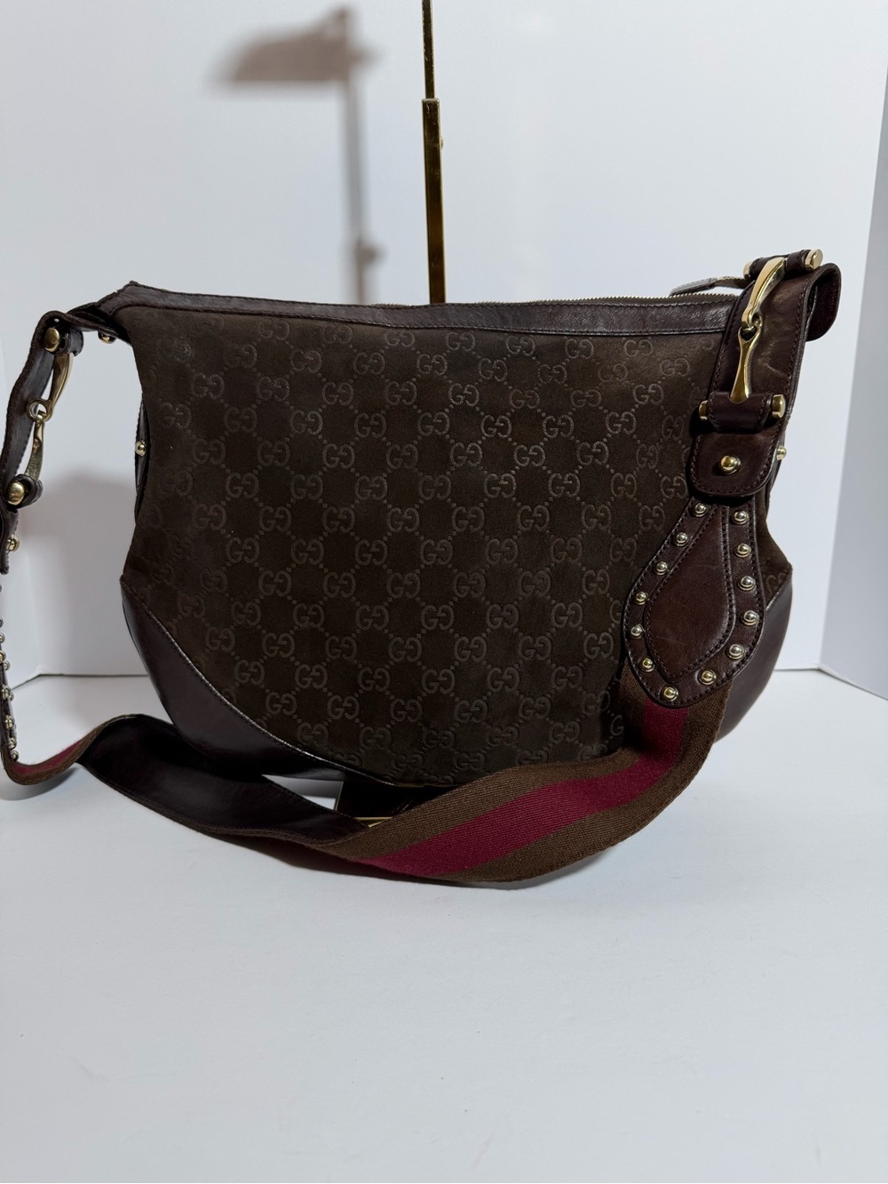 Gucci Brown GG Suede Crossbody with Accent Stripe